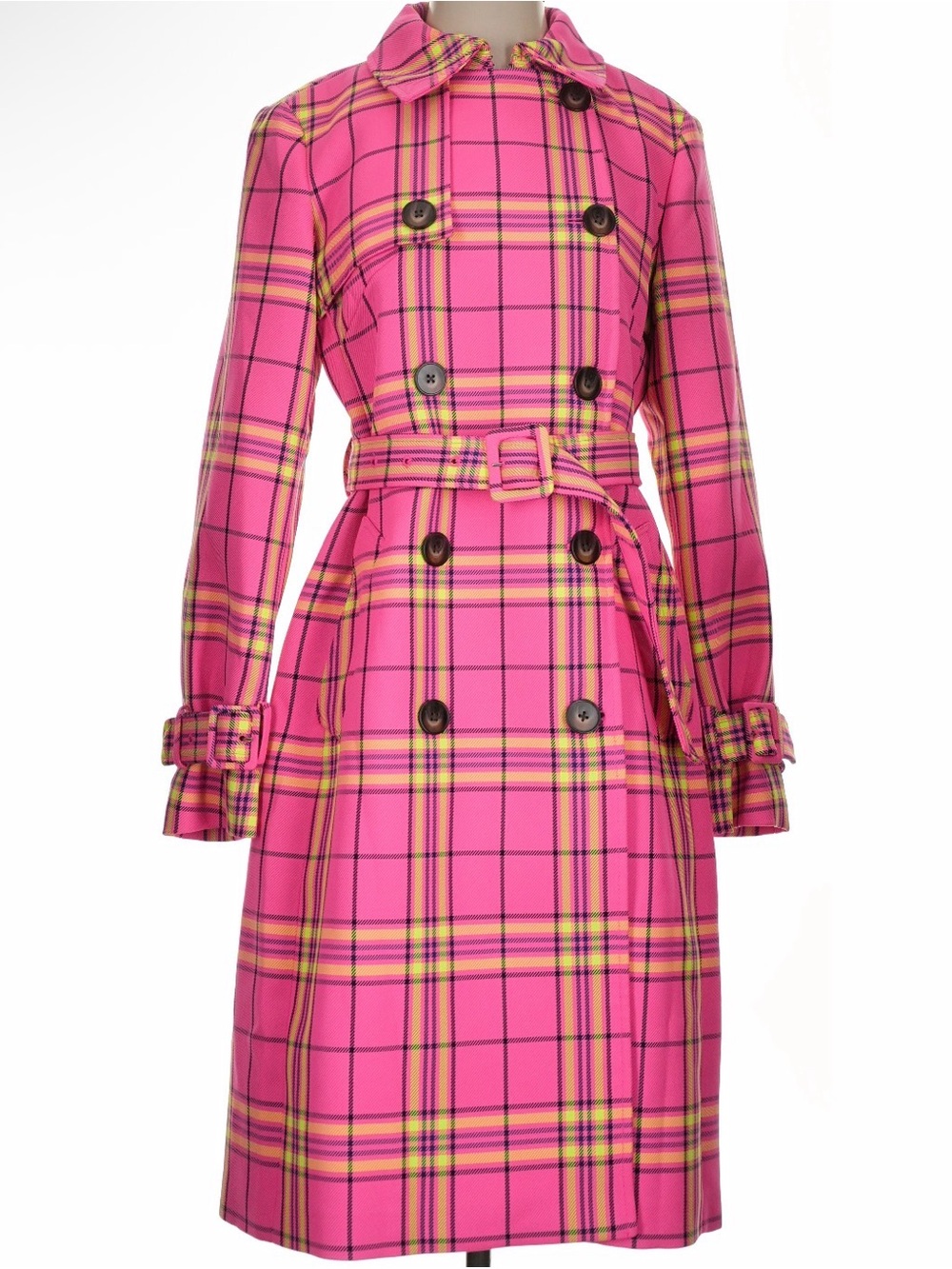 NWT Boden Cheltenham Trench Coat Pink Neon Check Plaid Women's US 4R